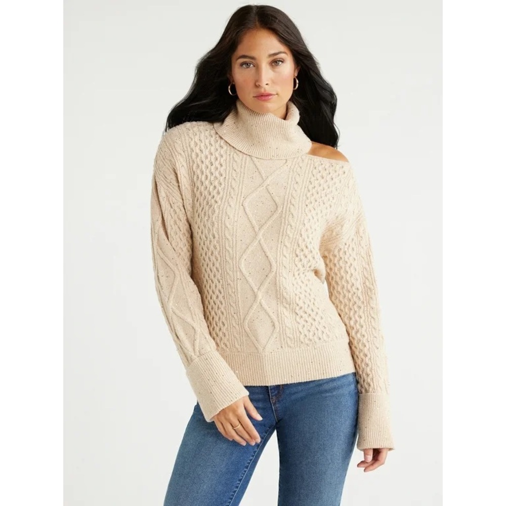 Sofia Jeans Women's Cutout Turtleneck Cable Knit Sweater Top Cream Size Medium